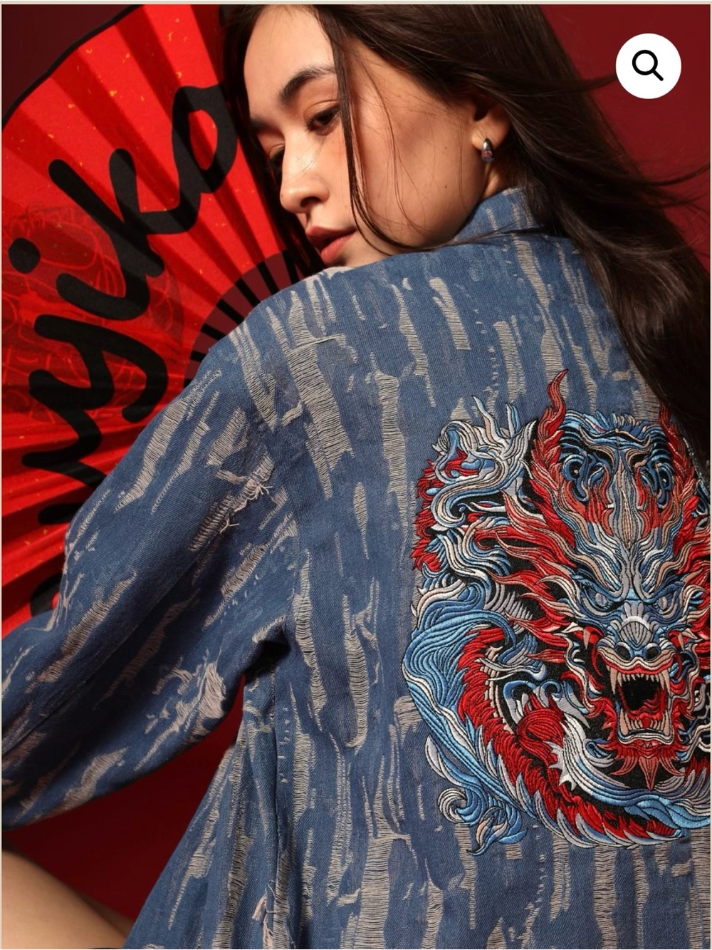 Embroidered Dragon Denim Jacket - Blue Red